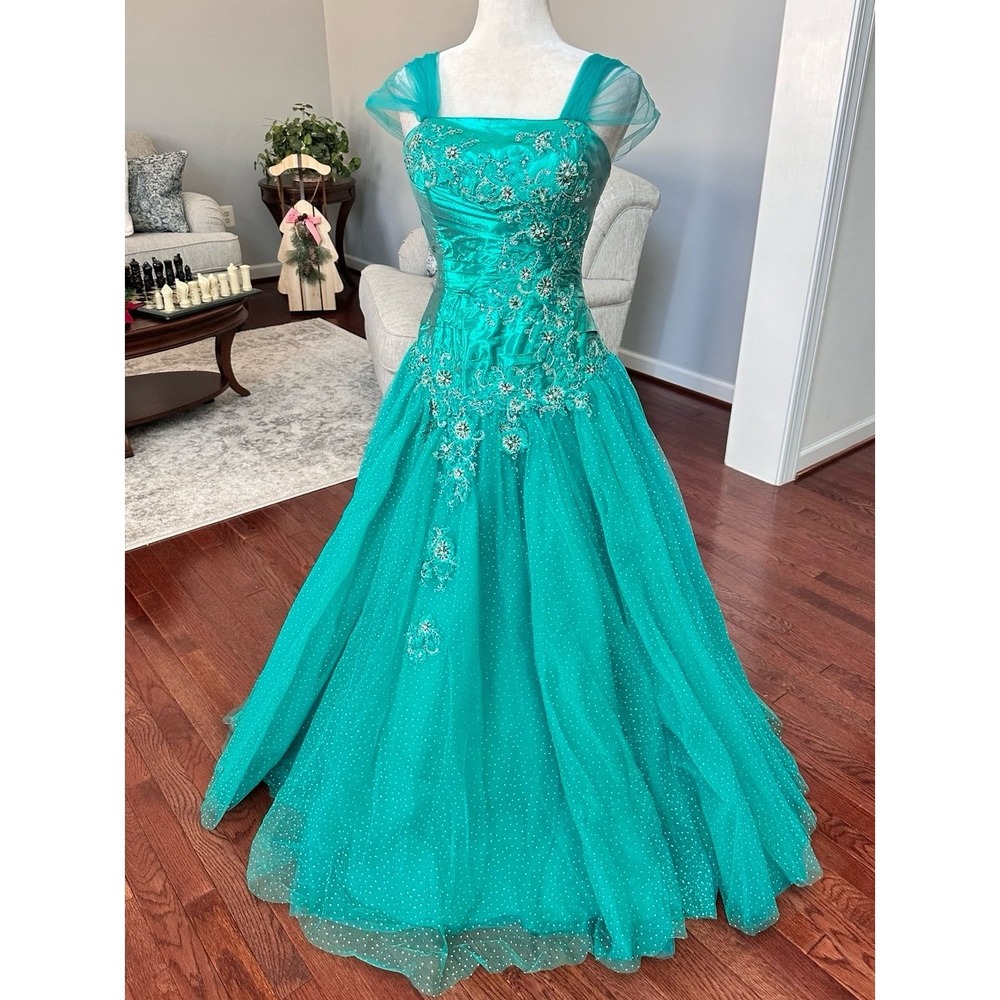 Vintage Luxury Alyce Designs Teal Green Glitter Puffy Tulle Princess Gown Dress - Picture 8 of 12